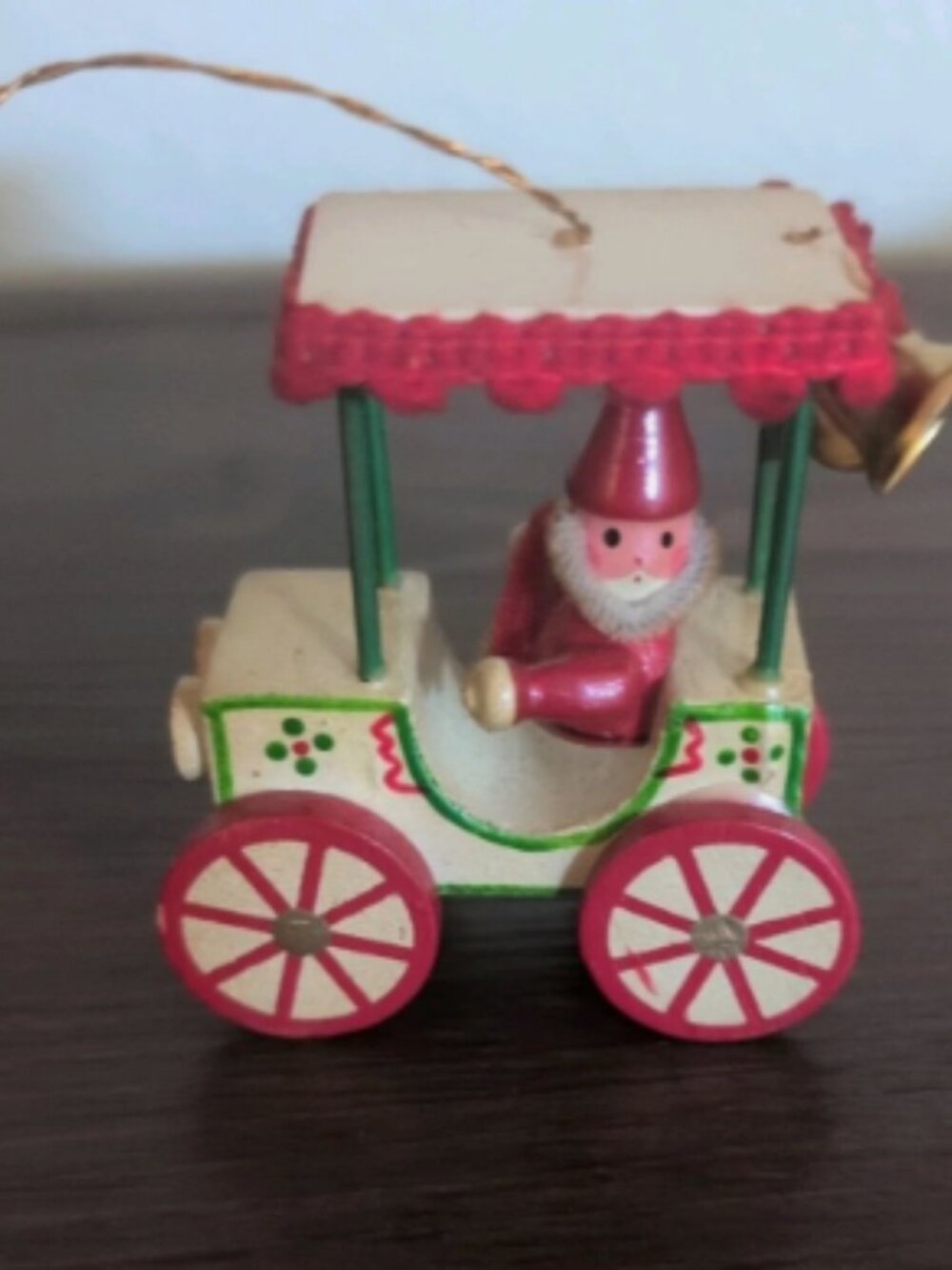 Russ Bernie Wooden Riding Wagon Santa with Bells Christmas Ornament VTG